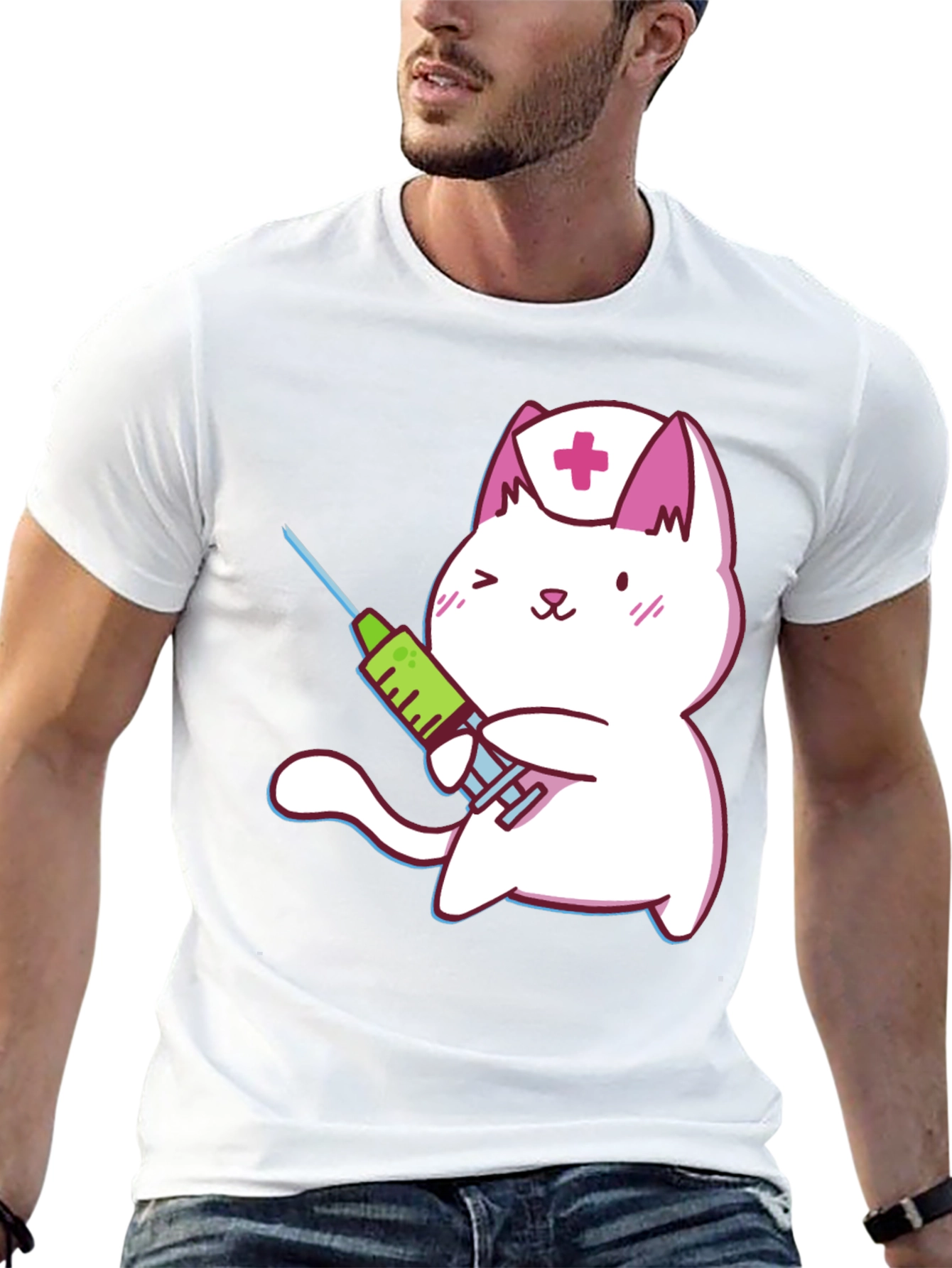 Cute Nurse Cat T-Shirt - Black Cotton Graphic Tee