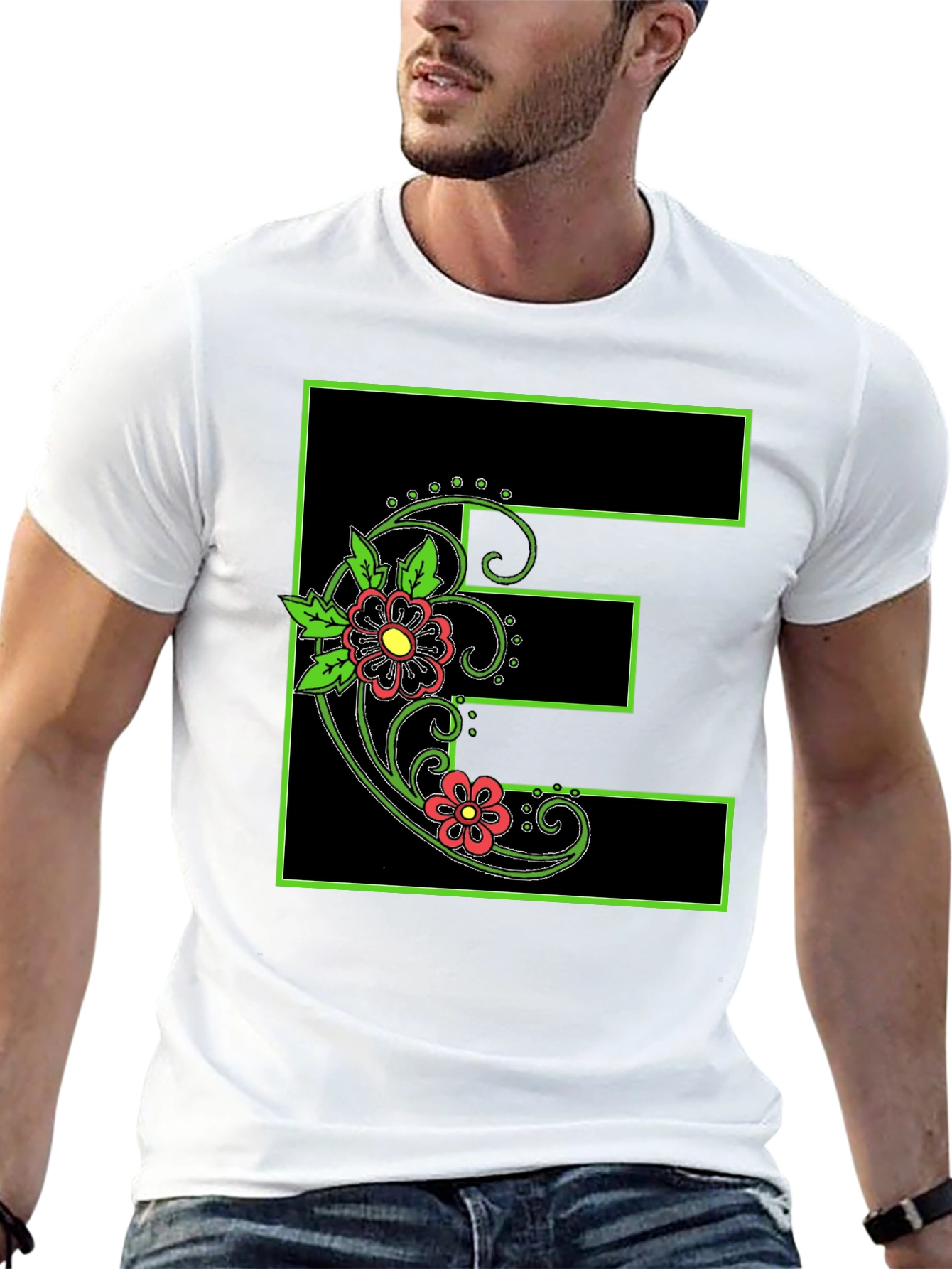 Floral E Black Tee - Stylish Initial Shirt