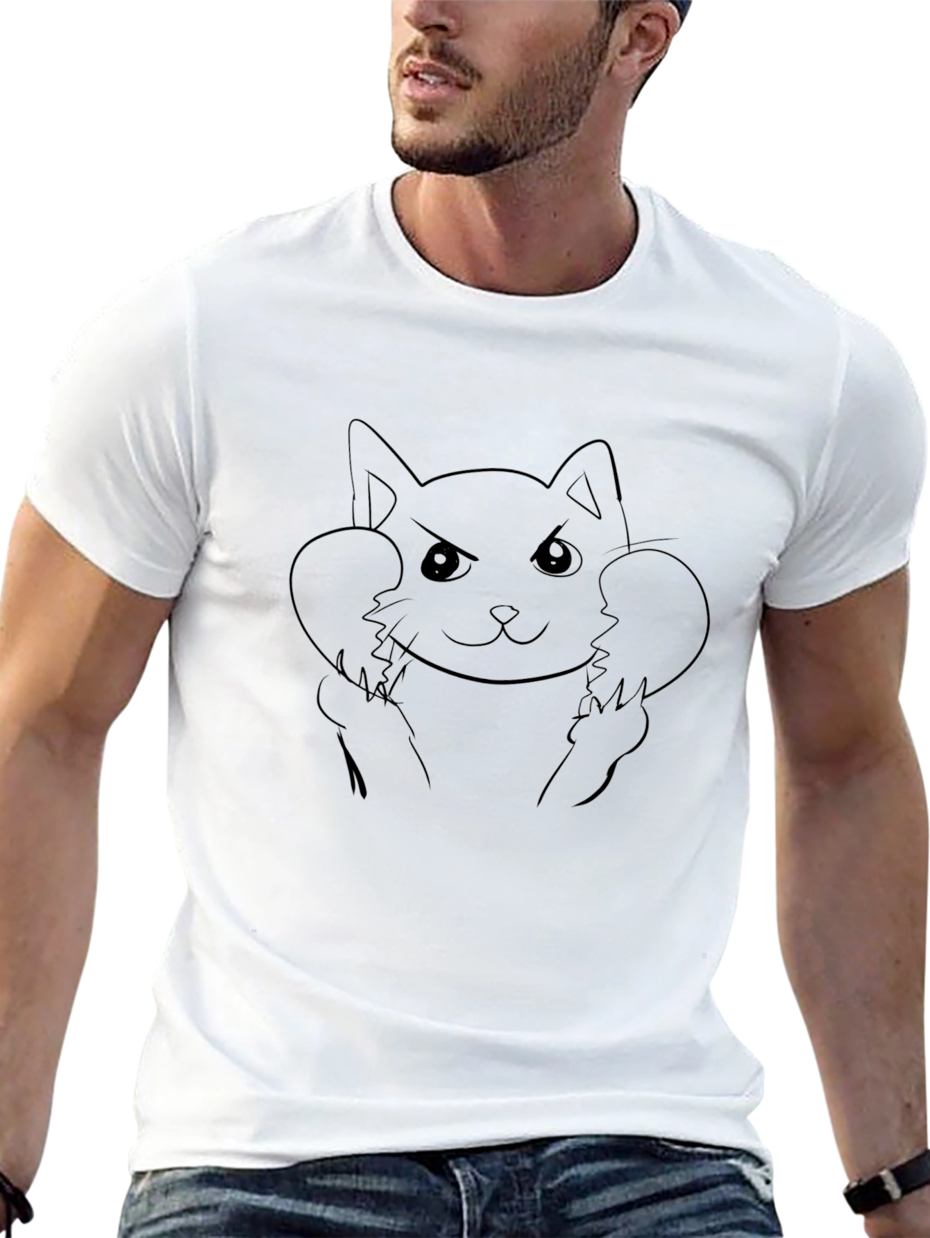 Angry Cat Line Art Black T-Shirt