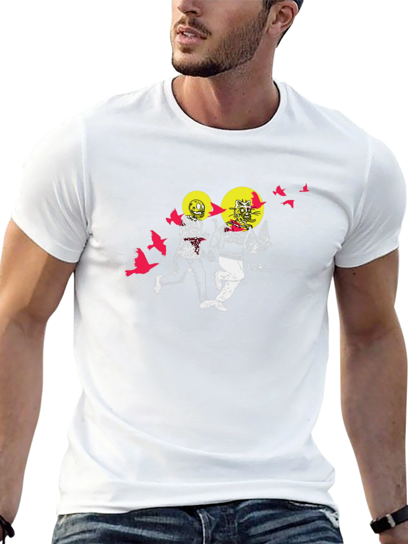 Illustrated Graphic Print Black Crew Neck T-Shirt