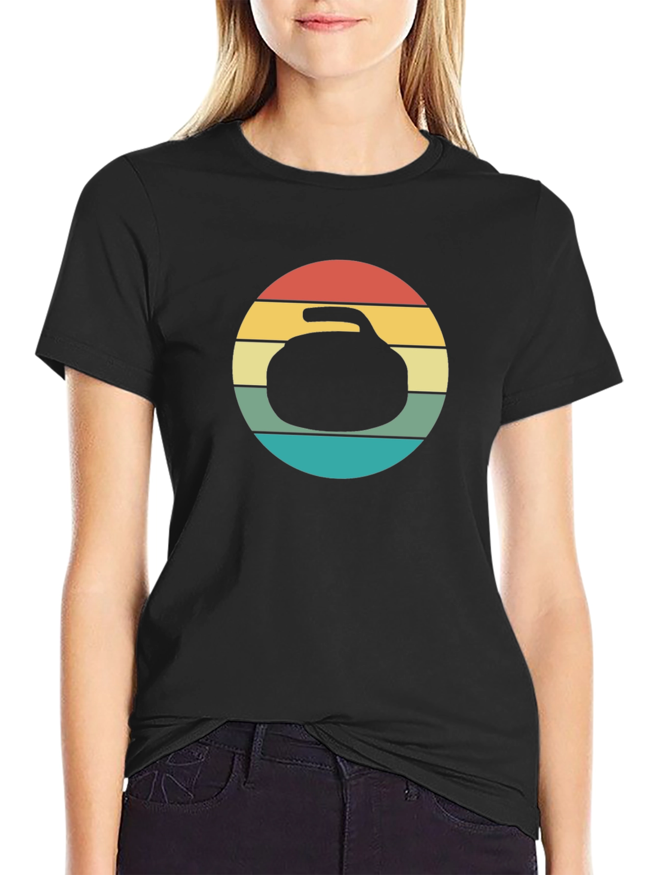 Retro Curling Stone Graphic Tee - Black T-Shirt