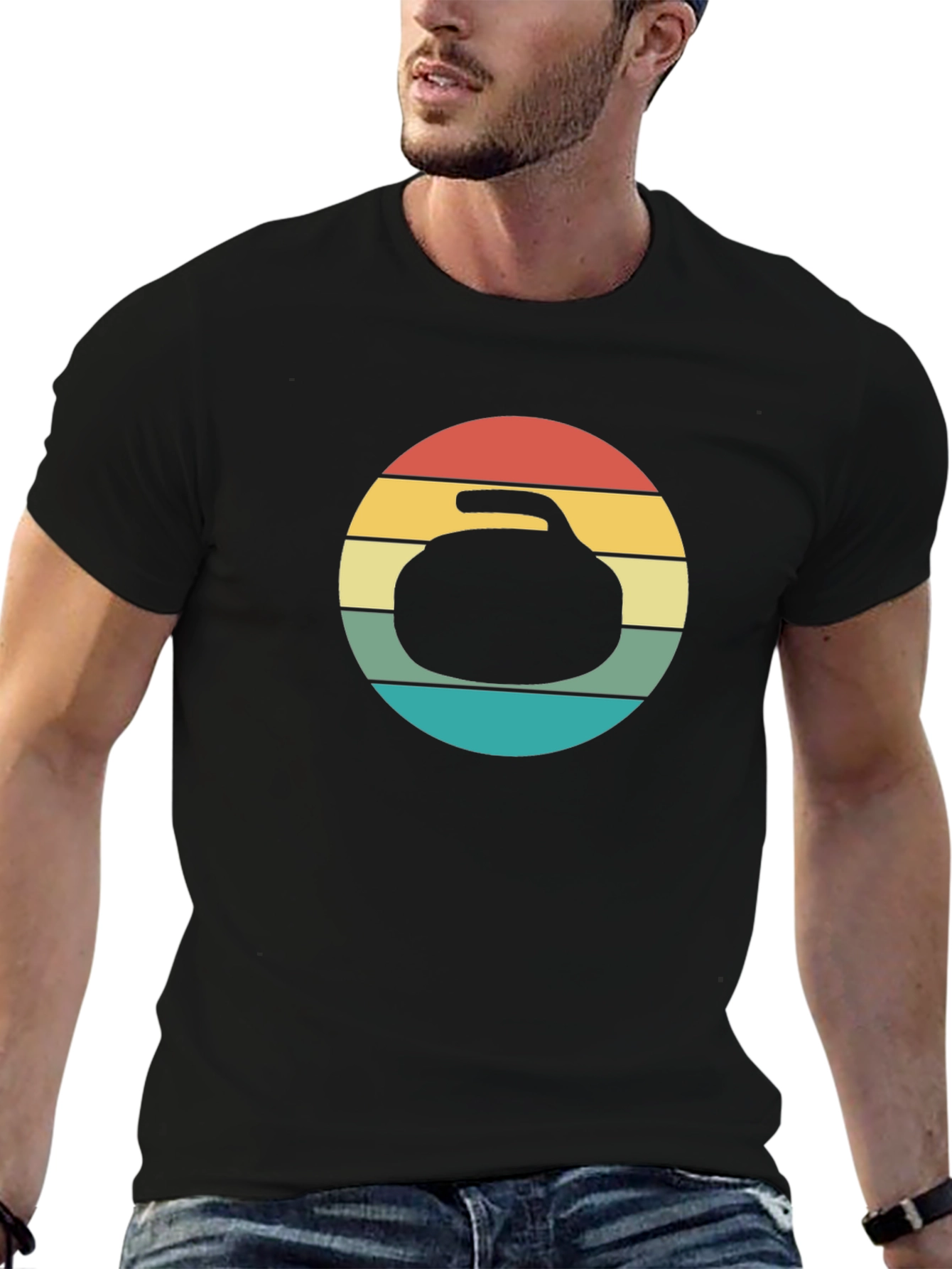 Retro Curling Stone Graphic Tee - Black T-Shirt