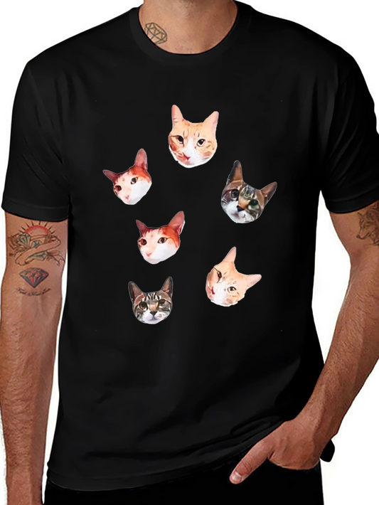 Mens Black T-Shirt with Cat Faces Print