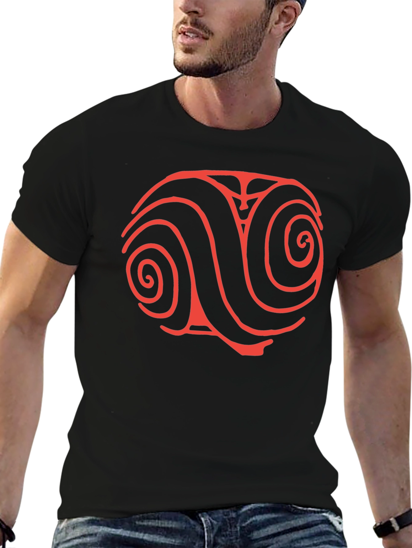 Red Swirl Design Black T-Shirt