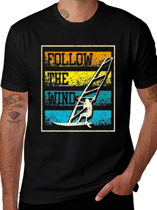 Follow The Wind Black T-Shirt Windsurfing Design