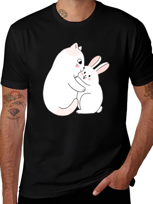 Cute Cat & Bunny Hug Black T-Shirt