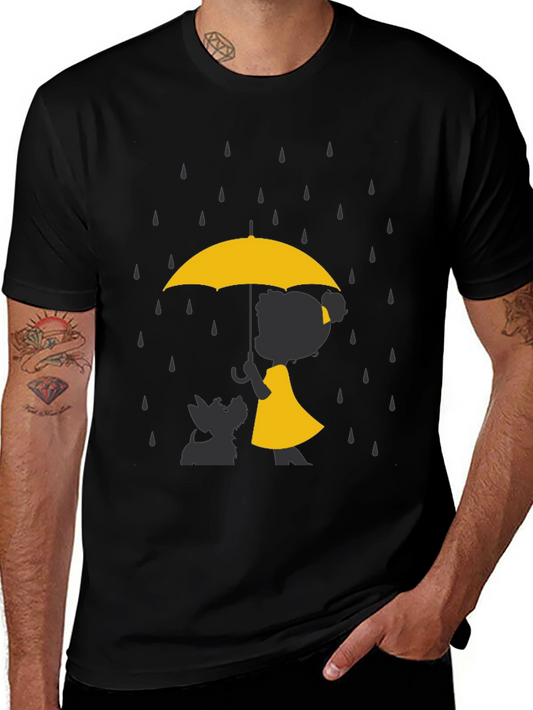 Yellow Umbrella T-Shirt - Dog & Girl Silhouette