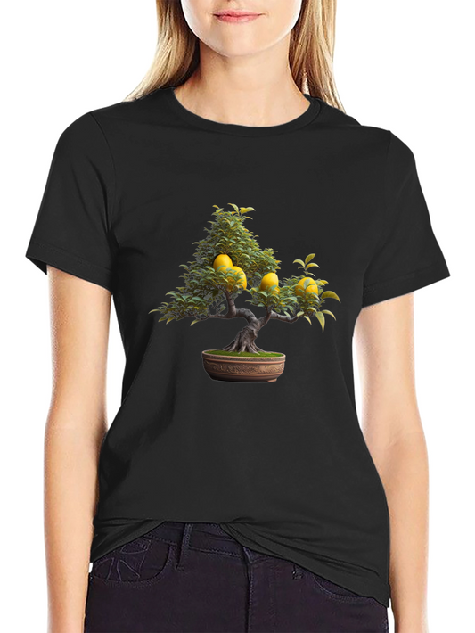 Lemon Bonsai Tree Graphic Tee - Black Casual T-Shirt