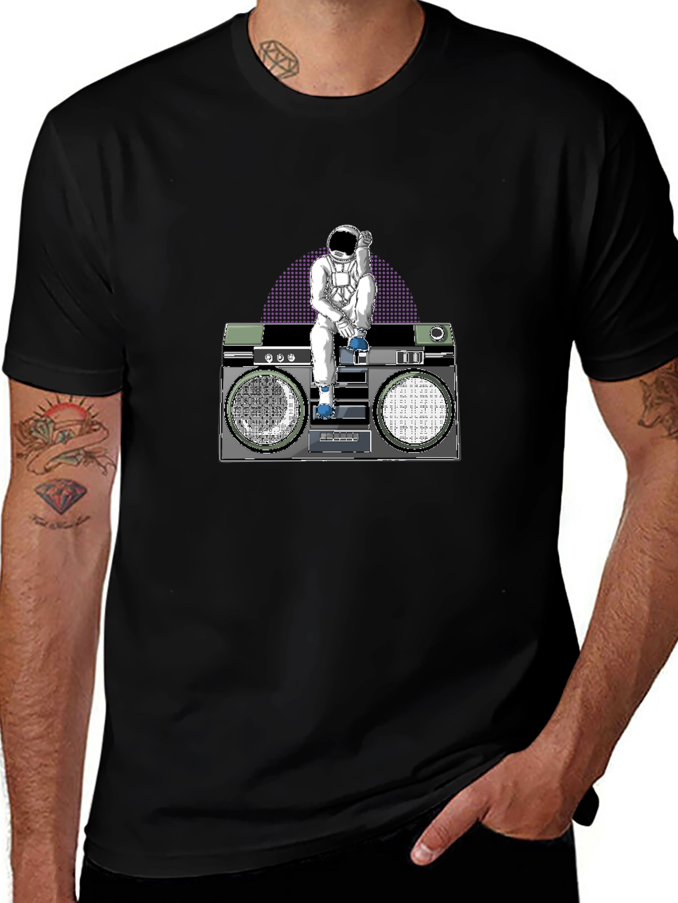 Astronaut Boombox Graphic T-Shirt - Retro Space Design