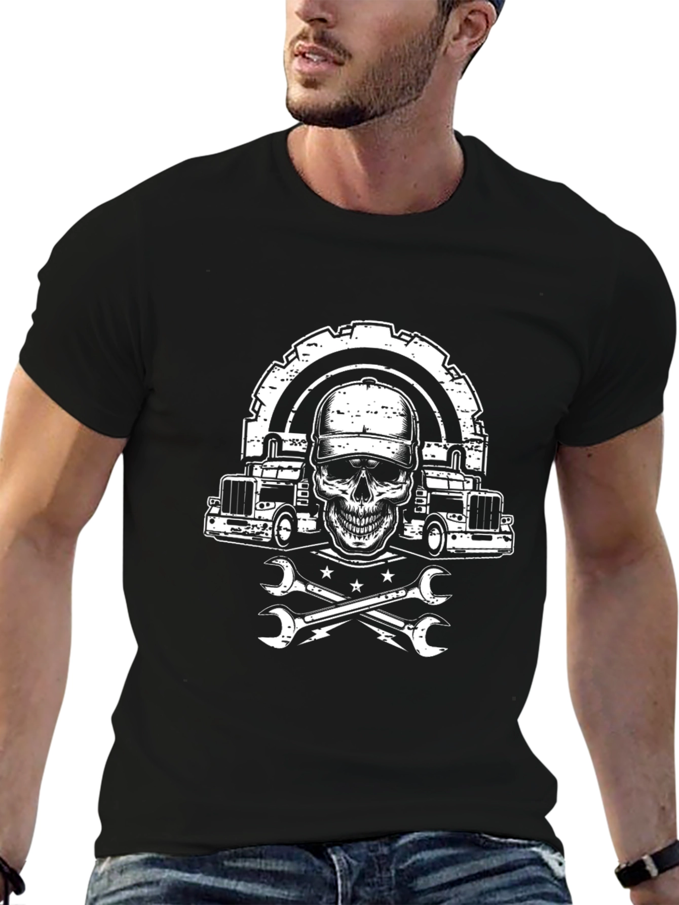 Trucker Skull Graphic Tee - Mechanic Style