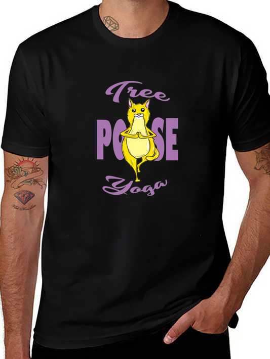 Tree Pose Yoga Cat Graphic Tee - Black Cotton T-Shirt