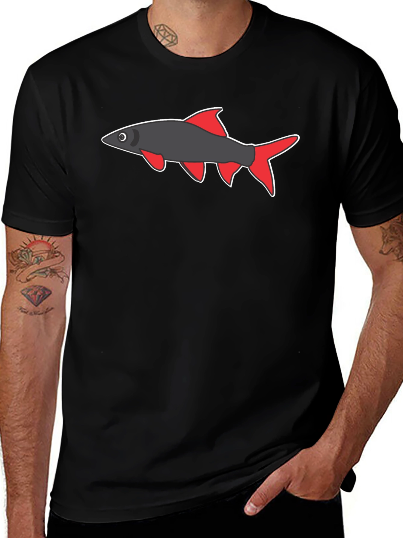 Black Tee with Cartoon Fish