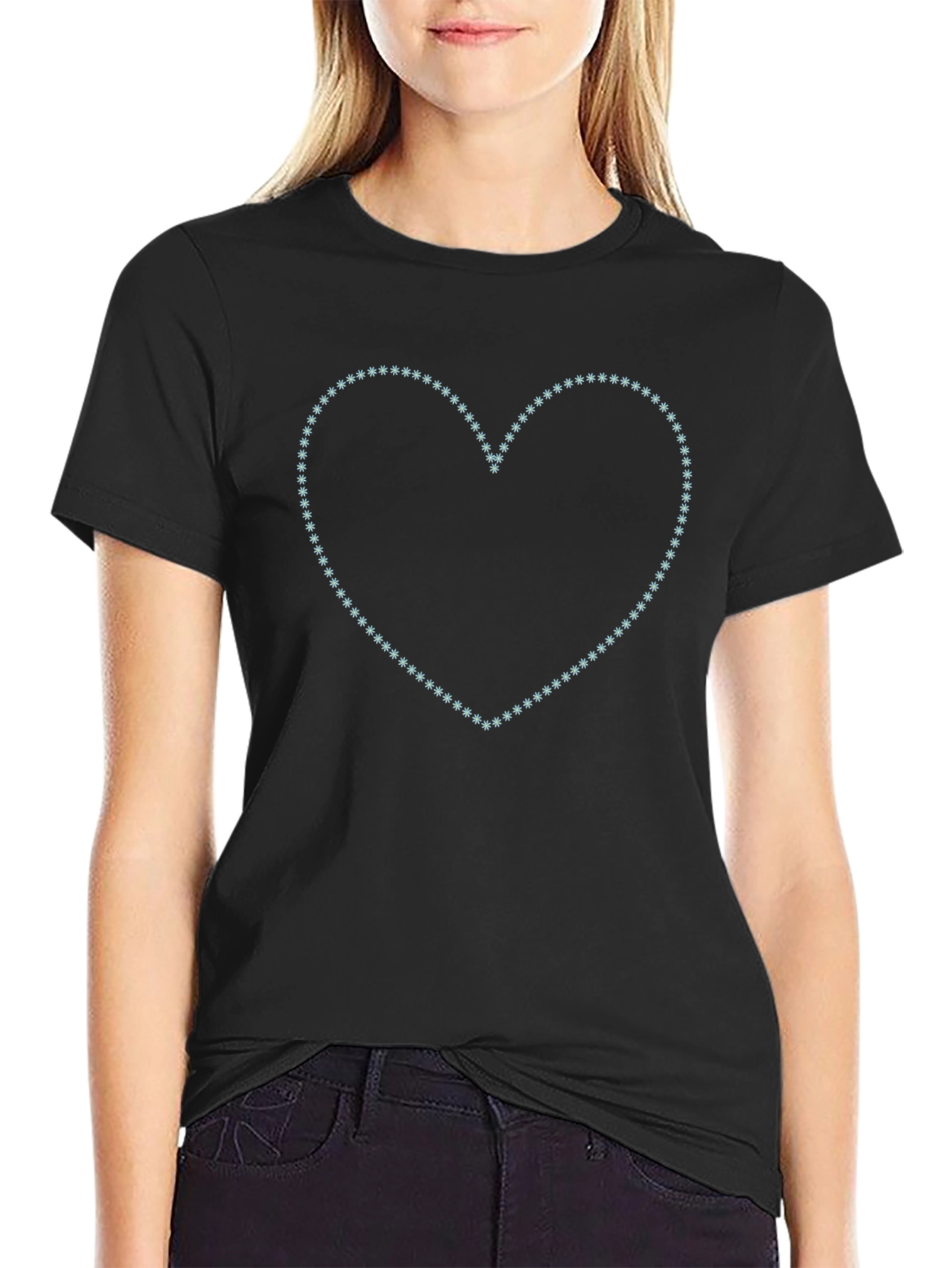 Heart Snowflake Tee - Black Cotton Crew Neck T-Shirt