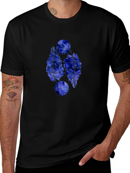 Abstract Blue Floral Graphic Print Black T-Shirt