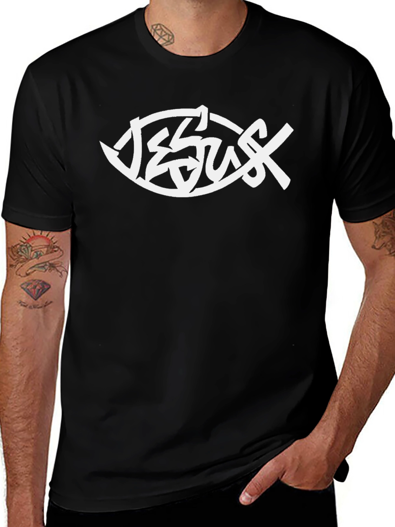 Jesus Fish Graphic T-Shirt - Black Christian Tee