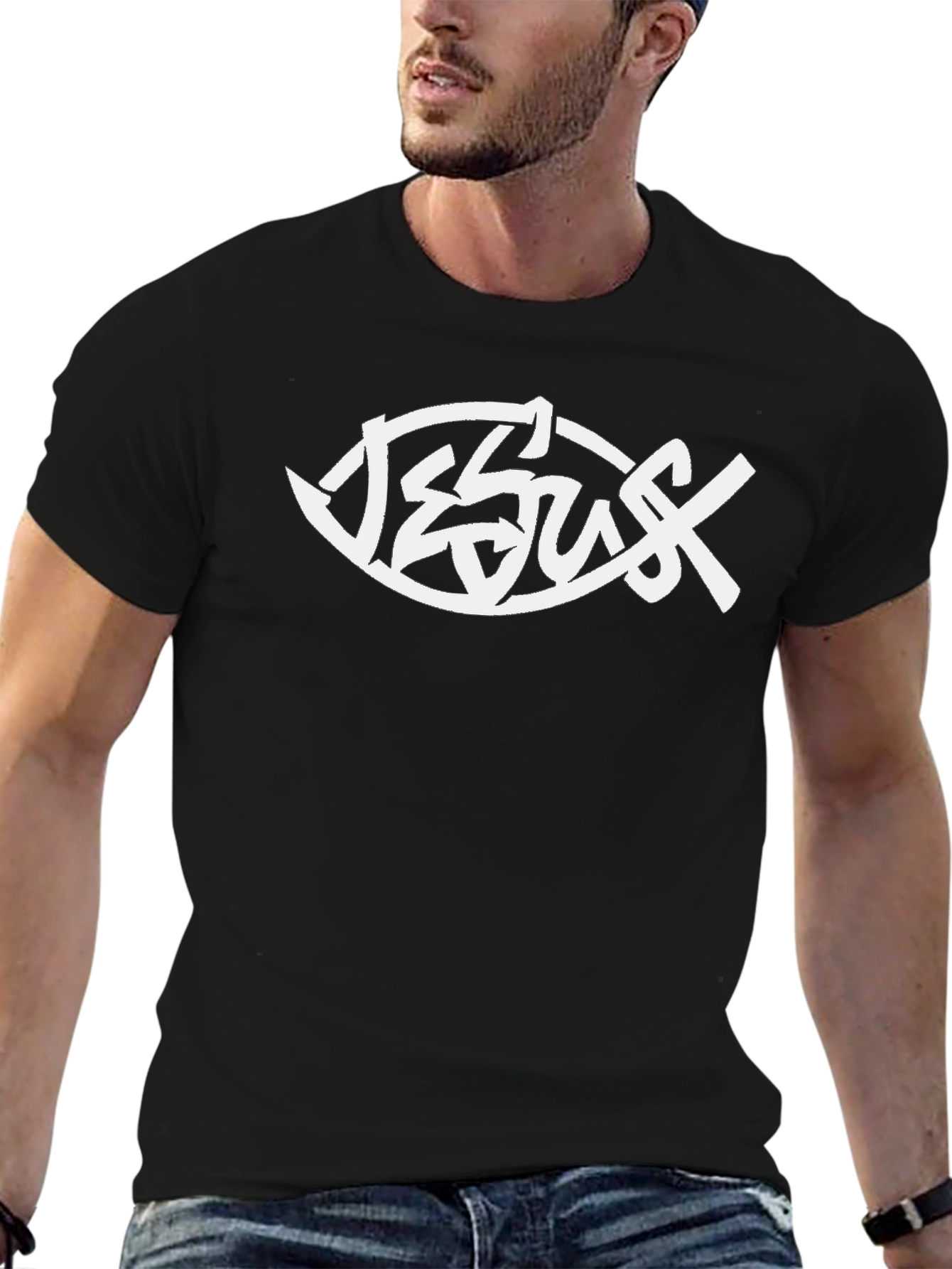 Jesus Fish Graphic T-Shirt - Black Christian Tee