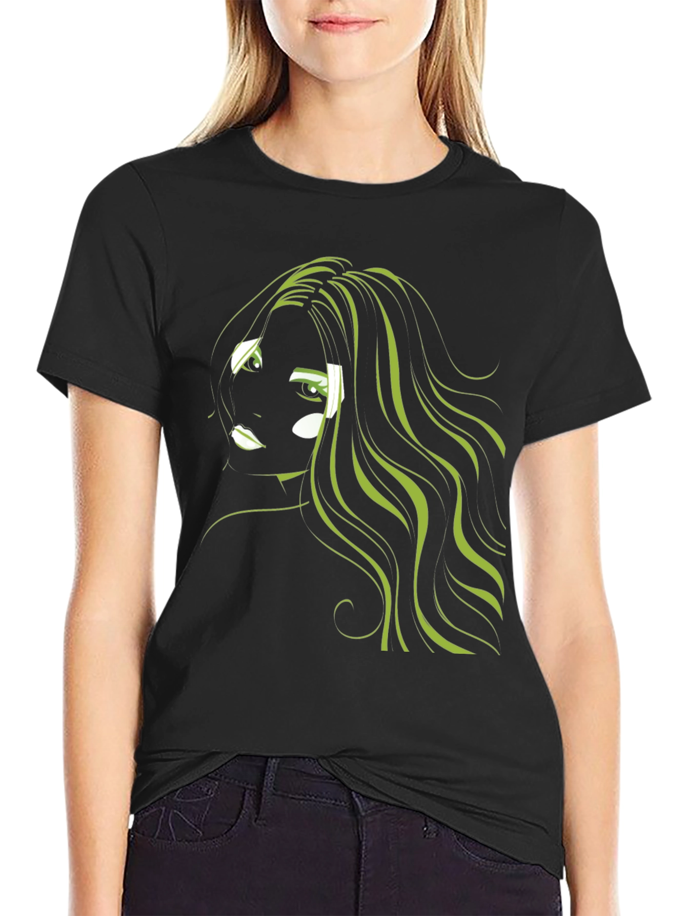 Graphic T-Shirt: Green Hair Anime Style