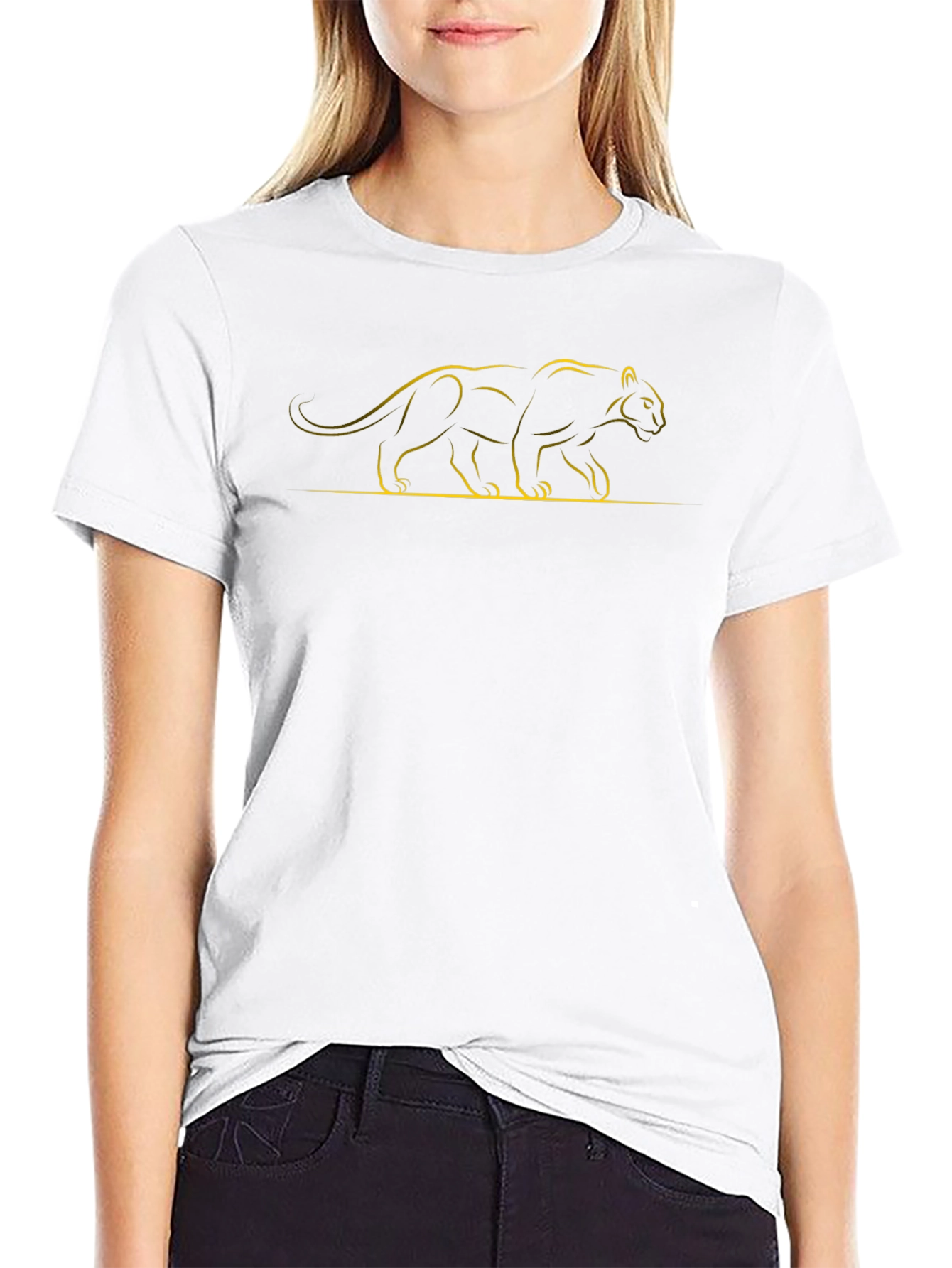 Sleek Black T-Shirt with Golden Panther Design