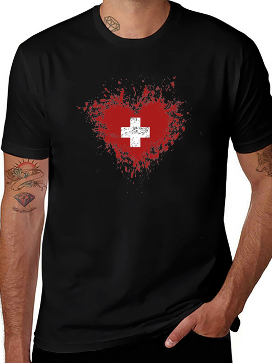 Swiss Heart T-Shirt - Distressed Flag Design