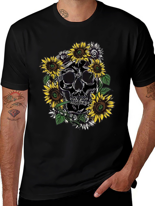 Skull & Sunflower Graphic Tee - Black Cotton T-Shirt