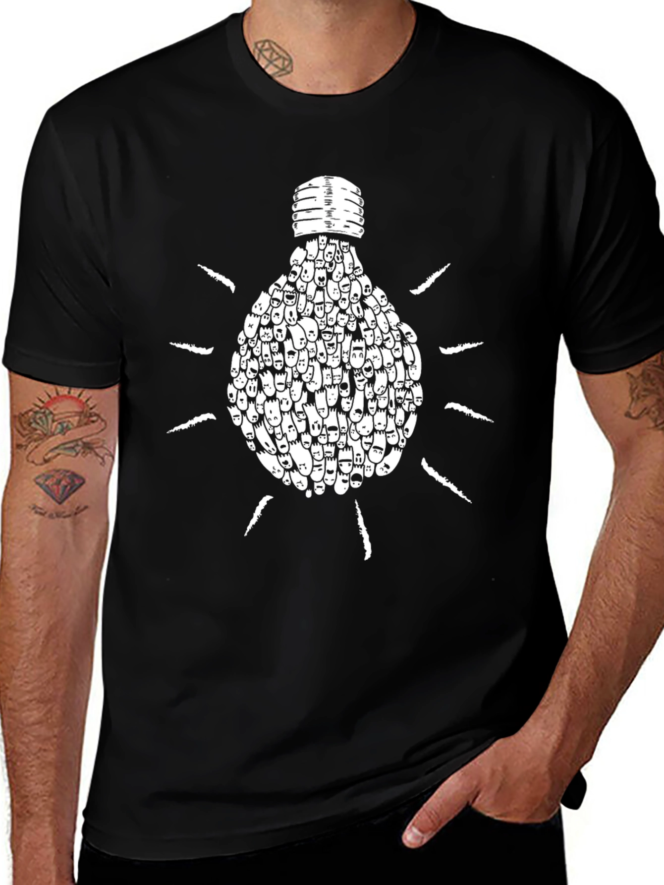 Creative Light Bulb Faces Graphic Tee - Black