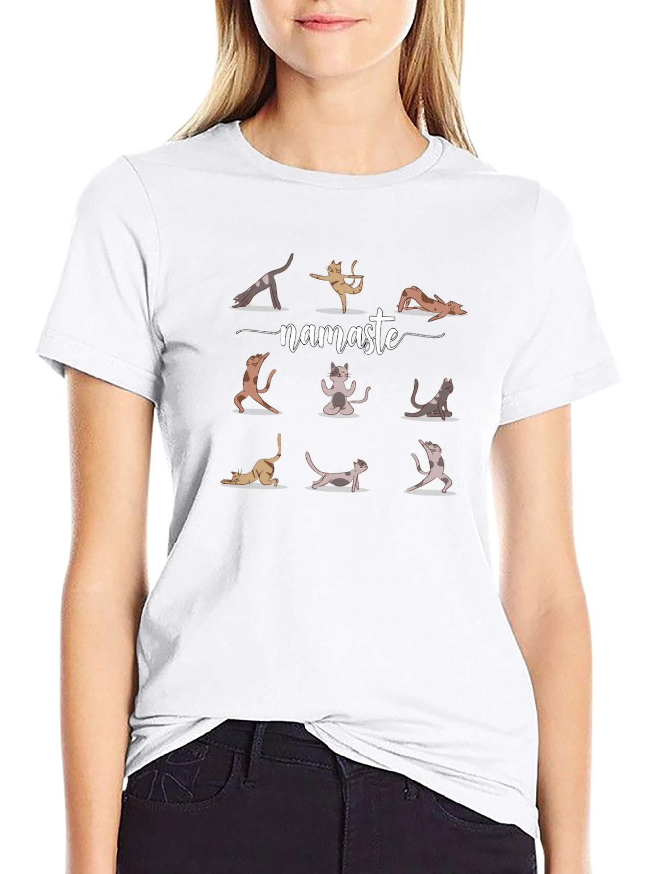 Namaste Yoga Cat Graphic Tee - Black