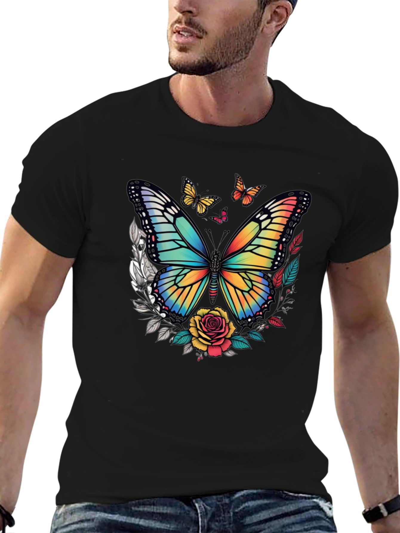 Butterfly & Roses Graphic Tee - Mens Black T-Shirt