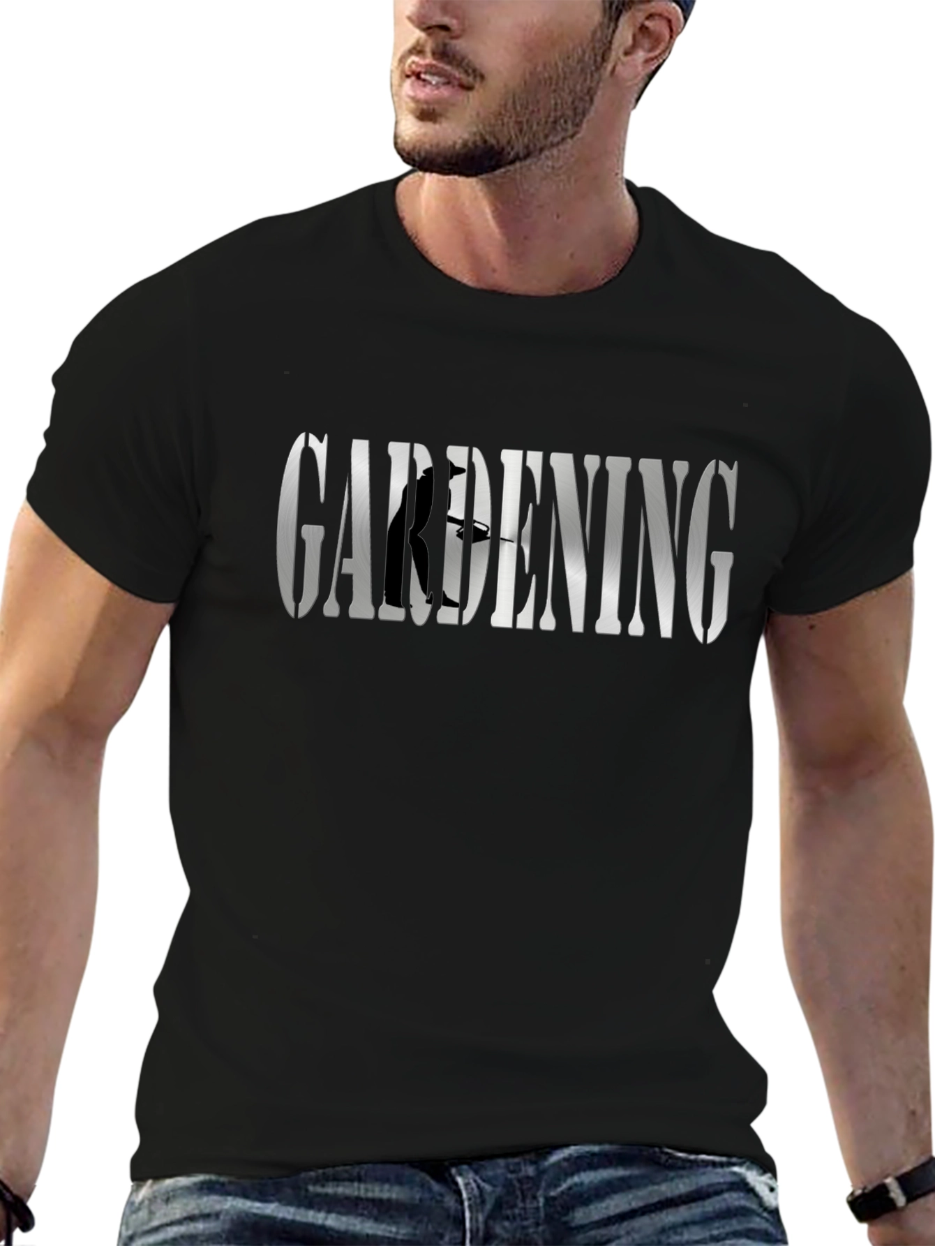 Gardening T-Shirt: Silver Word Art & Gardener Silhouette