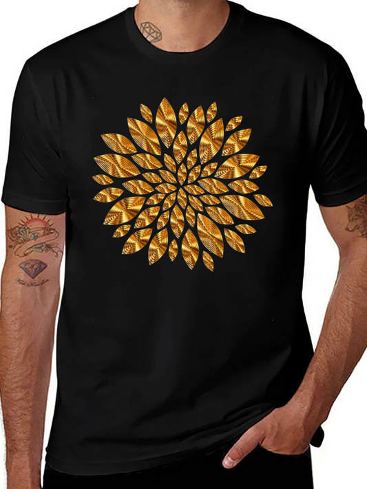 Geometric Golden Petal Graphic Black T-Shirt