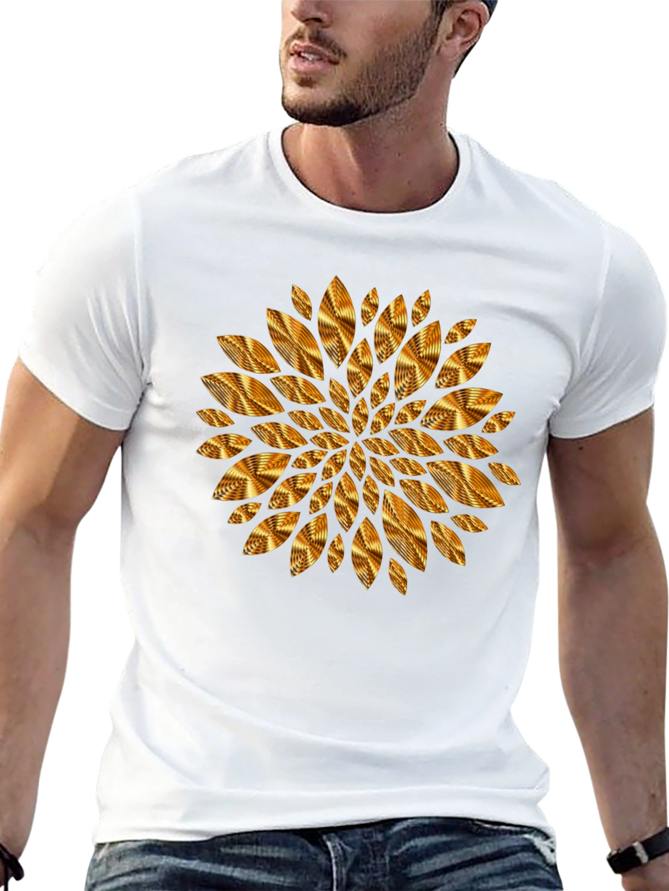 Geometric Golden Petal Graphic Black T-Shirt
