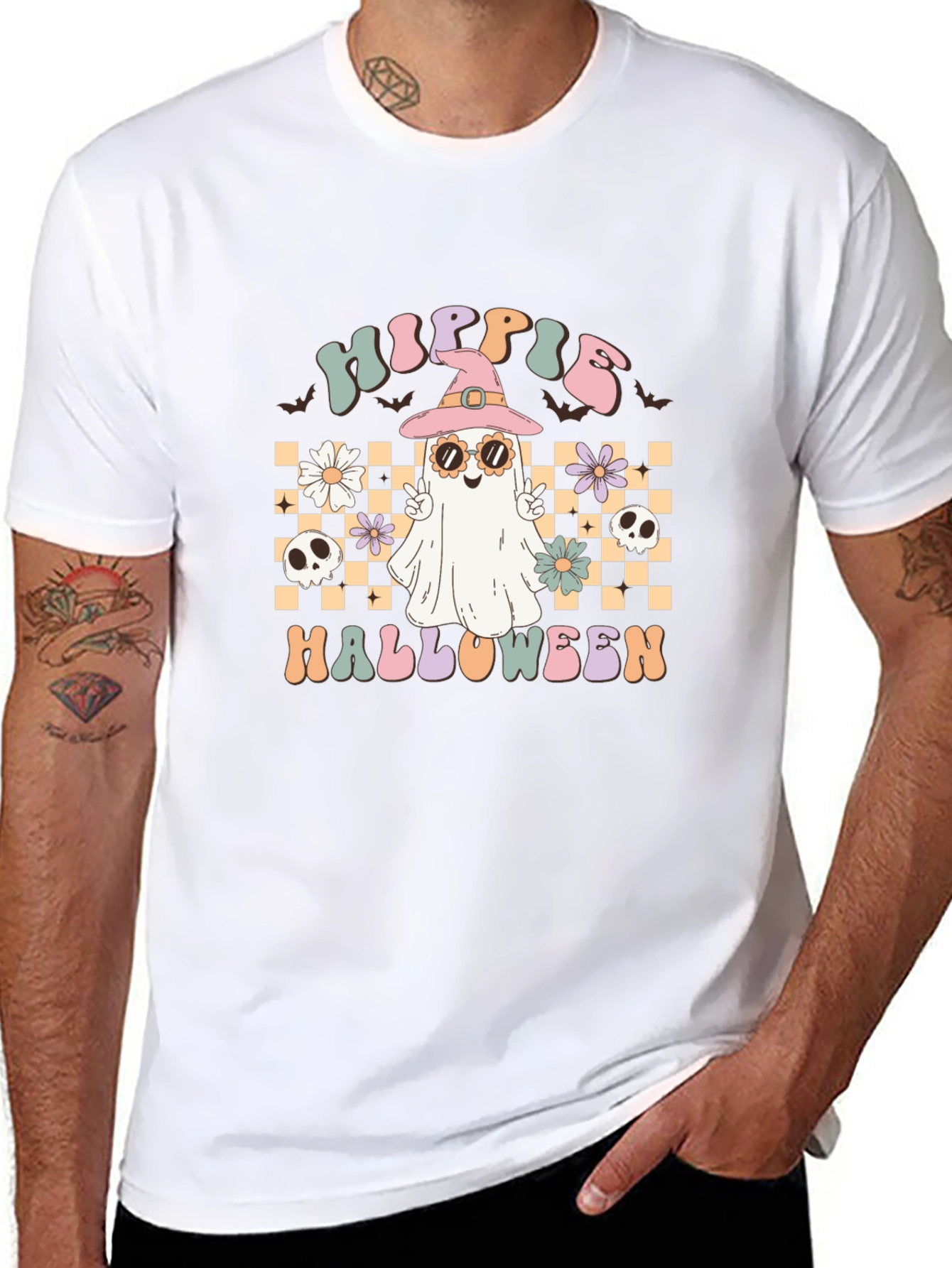 Hippie Halloween Graphic Tee - Retro Ghost Witch T-Shirt