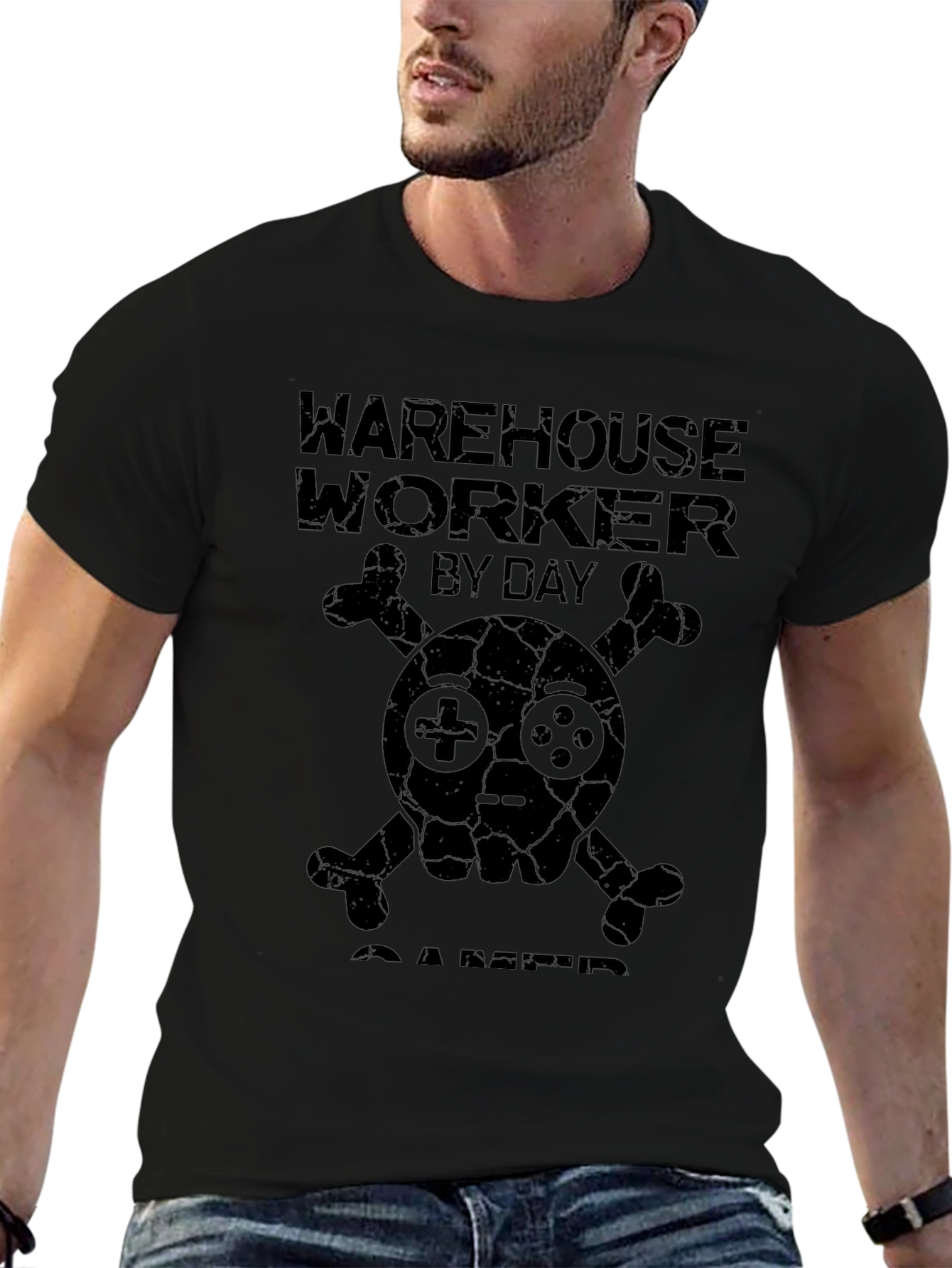Warehouse Worker Gamer T-Shirt: Skull & Controller Design