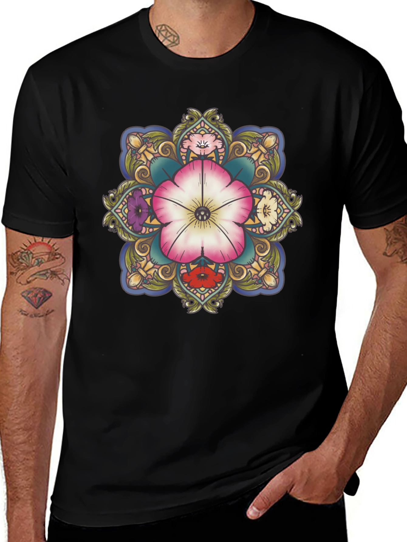 Floral Mandala Graphic T-Shirt - Black