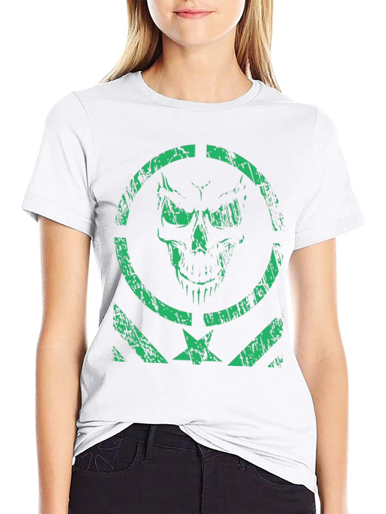 Mens Green Skull Graphic Print Black T-Shirt