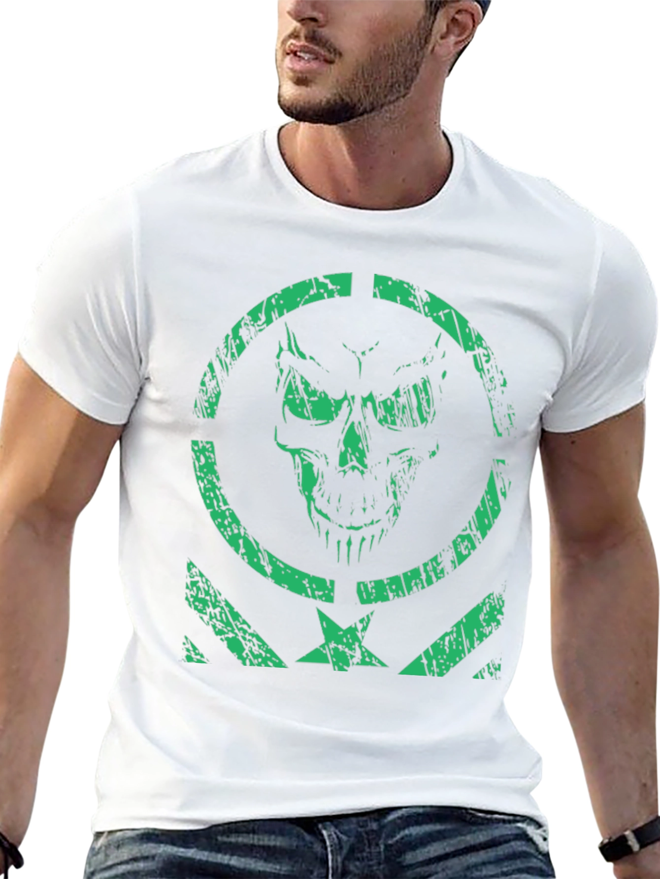 Mens Green Skull Graphic Print Black T-Shirt