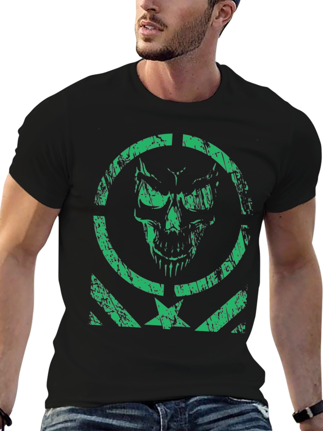 Mens Green Skull Graphic Print Black T-Shirt