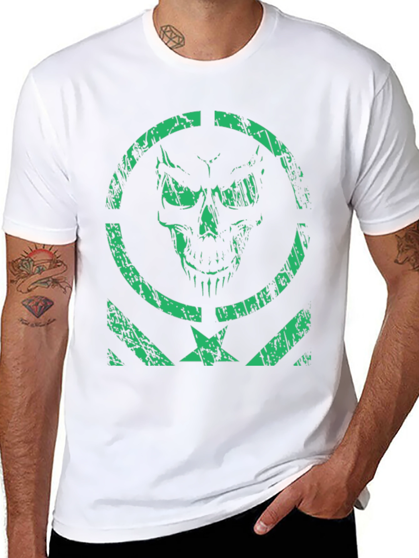 Mens Green Skull Graphic Print Black T-Shirt