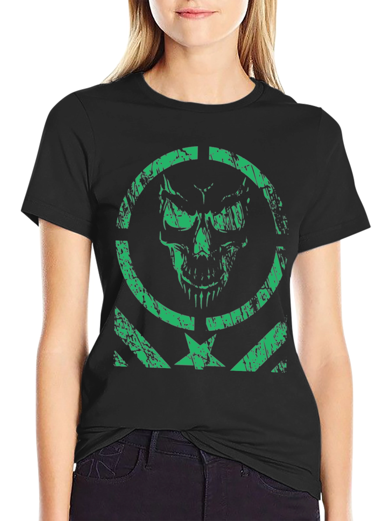 Mens Green Skull Graphic Print Black T-Shirt