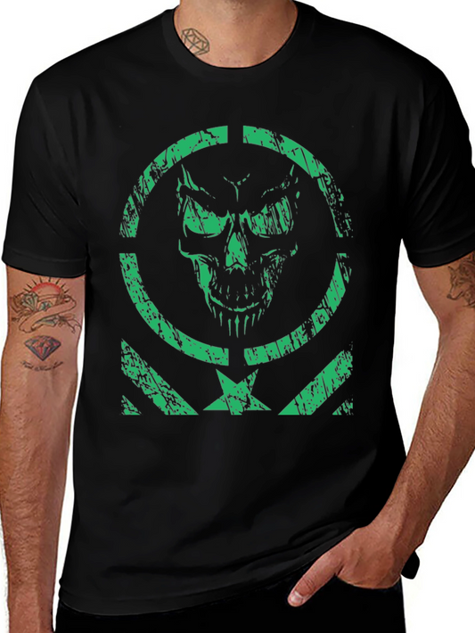 Mens Green Skull Graphic Print Black T-Shirt