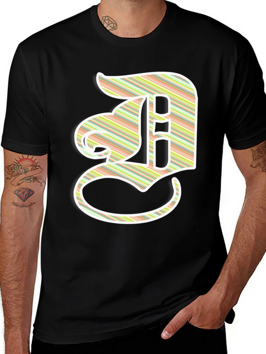 Striped Letter D Graphic Tee - Casual Black T-Shirt