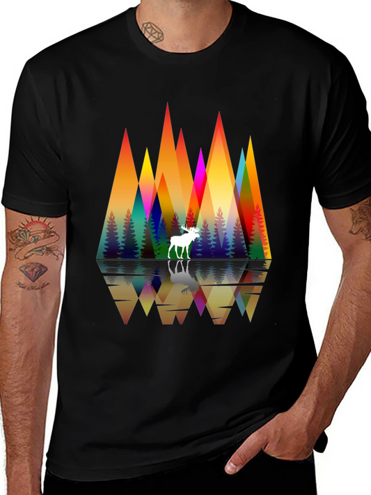 Colorful Geometric Mountain & Moose Tee