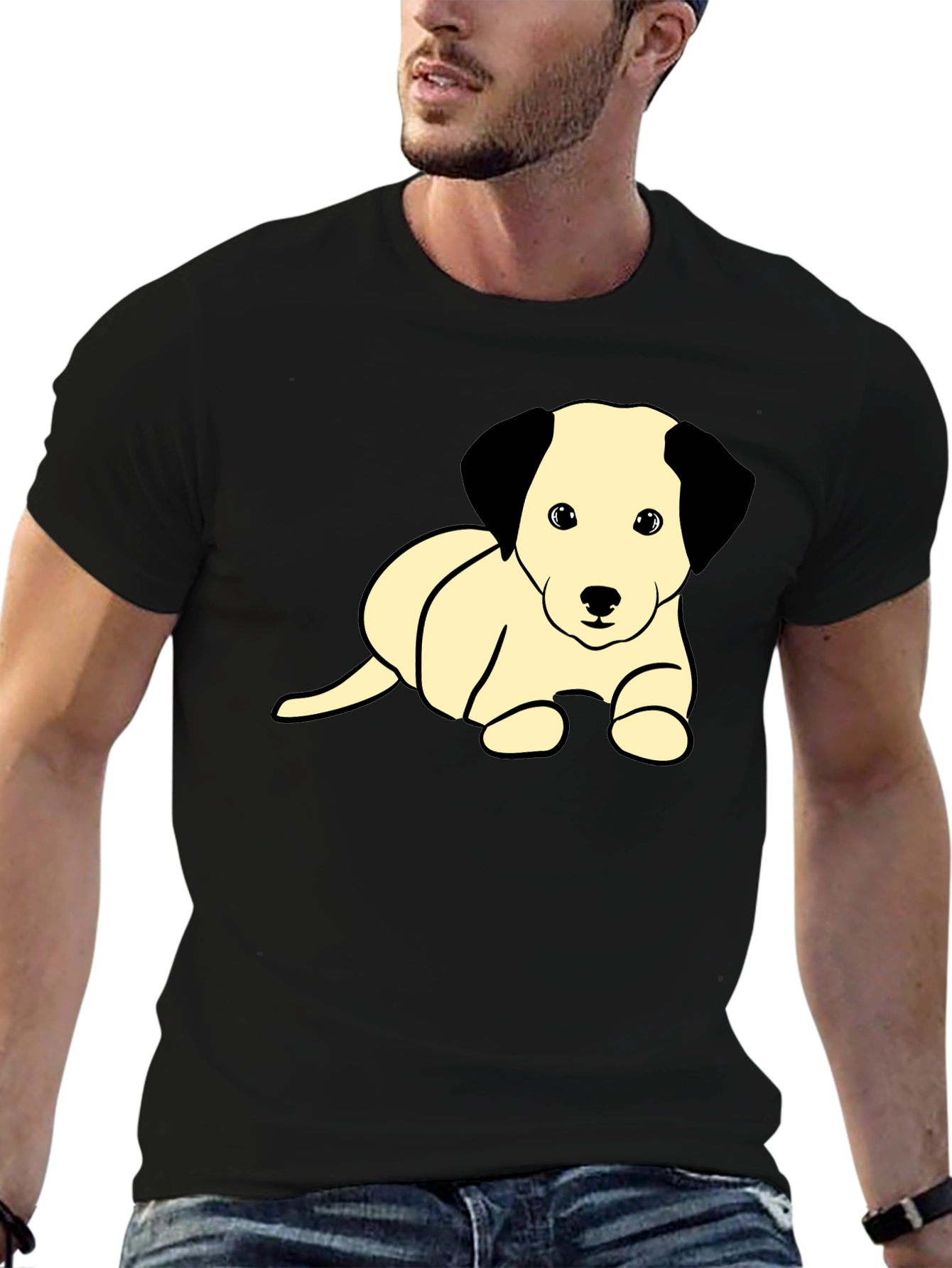 Cute Puppy Graphic T-Shirt - Black Cotton Blend
