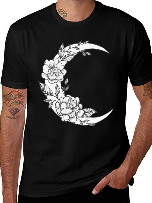 Floral Crescent Moon Graphic Tee - Black