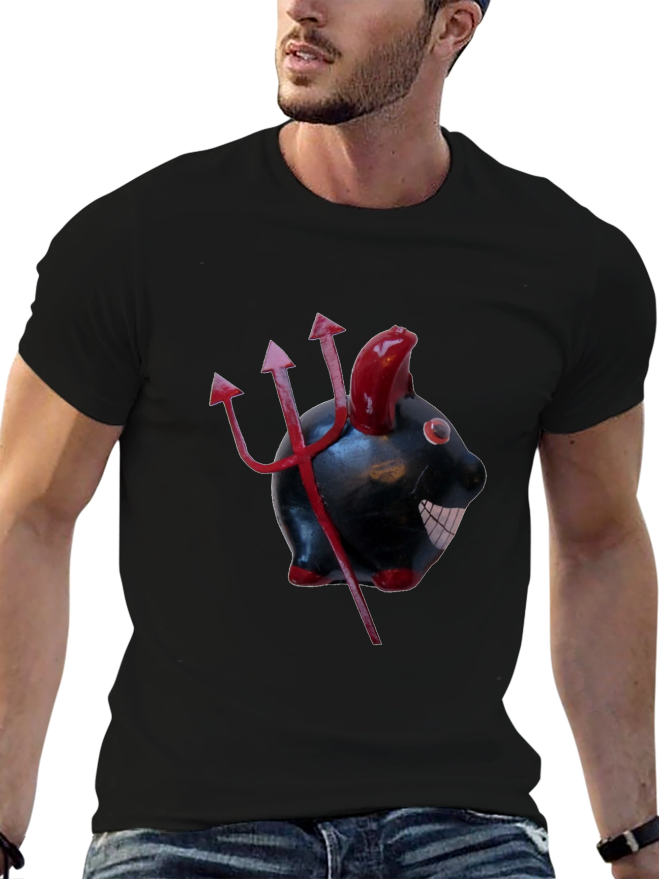 Devil Piggy Bank Graphic Tee - Black Cotton T-Shirt