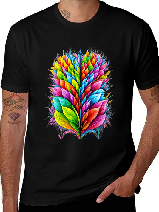 Vibrant Leaf Burst Graphic Tee - Black