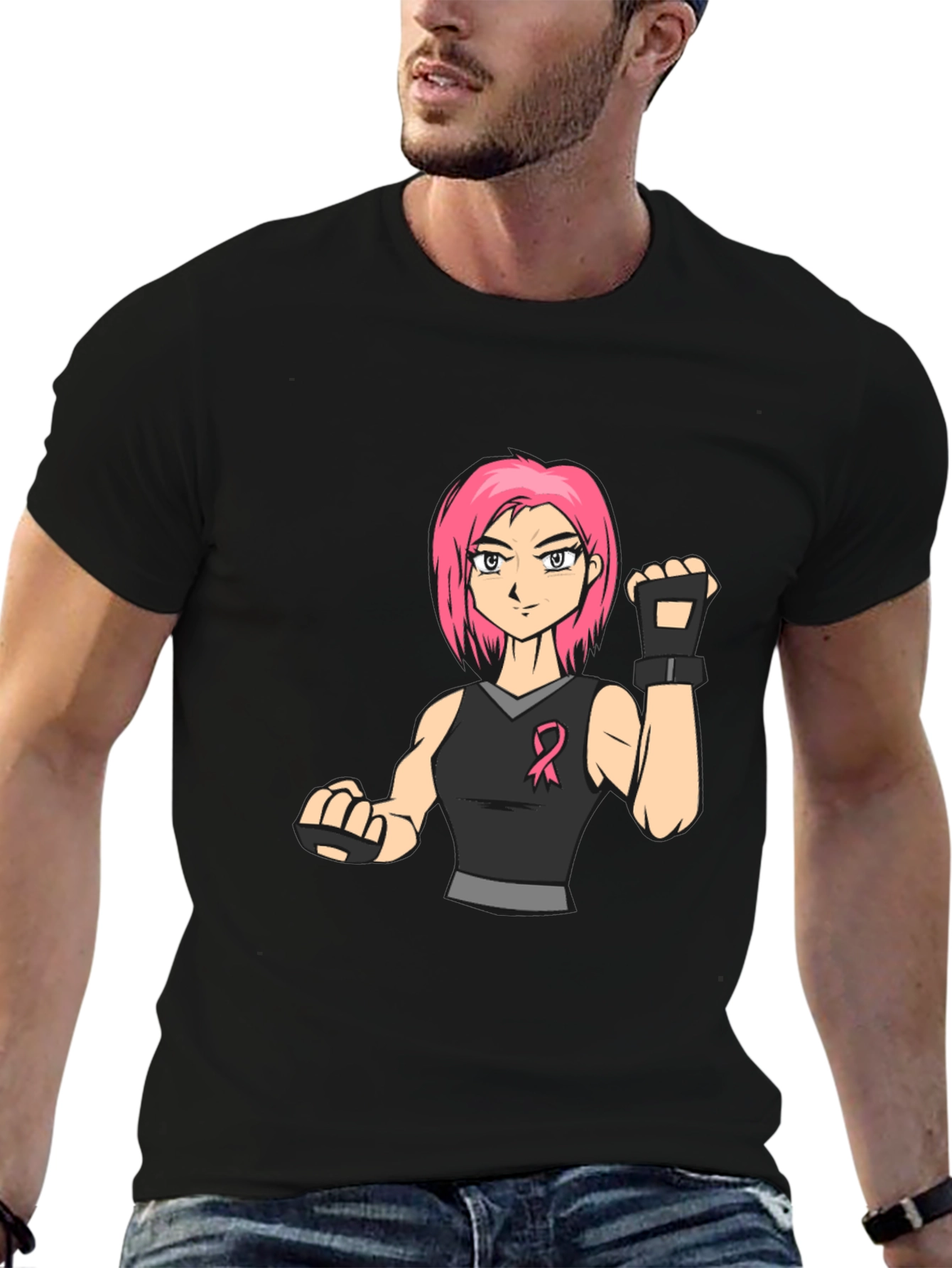 Pink Hair Manga Fighter Black T-Shirt