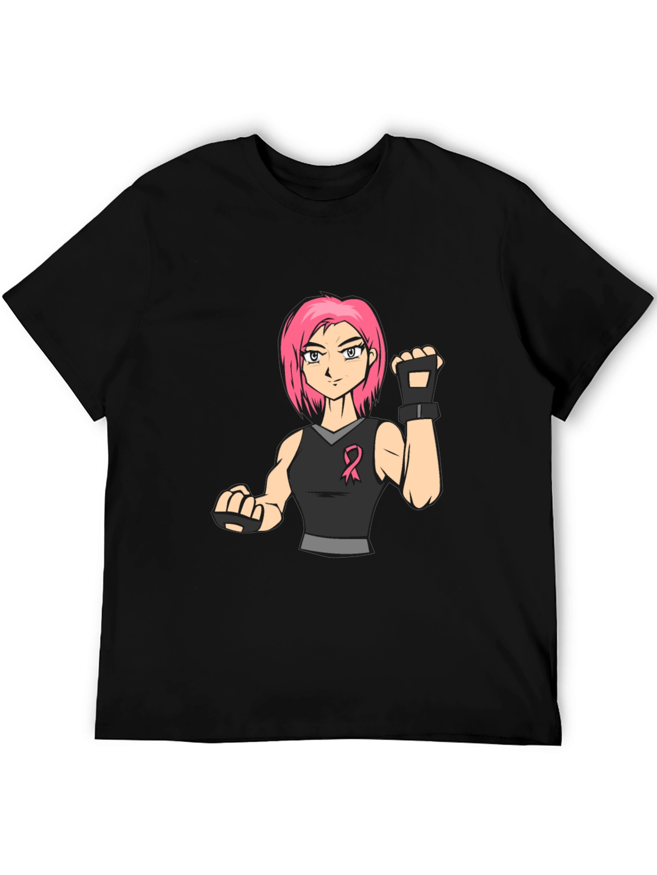 Pink Hair Manga Fighter Black T-Shirt