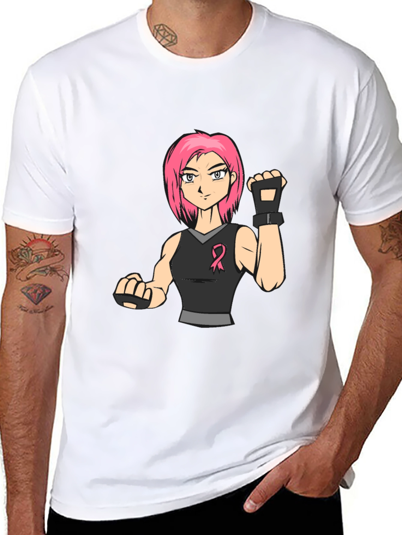 Pink Hair Manga Fighter Black T-Shirt