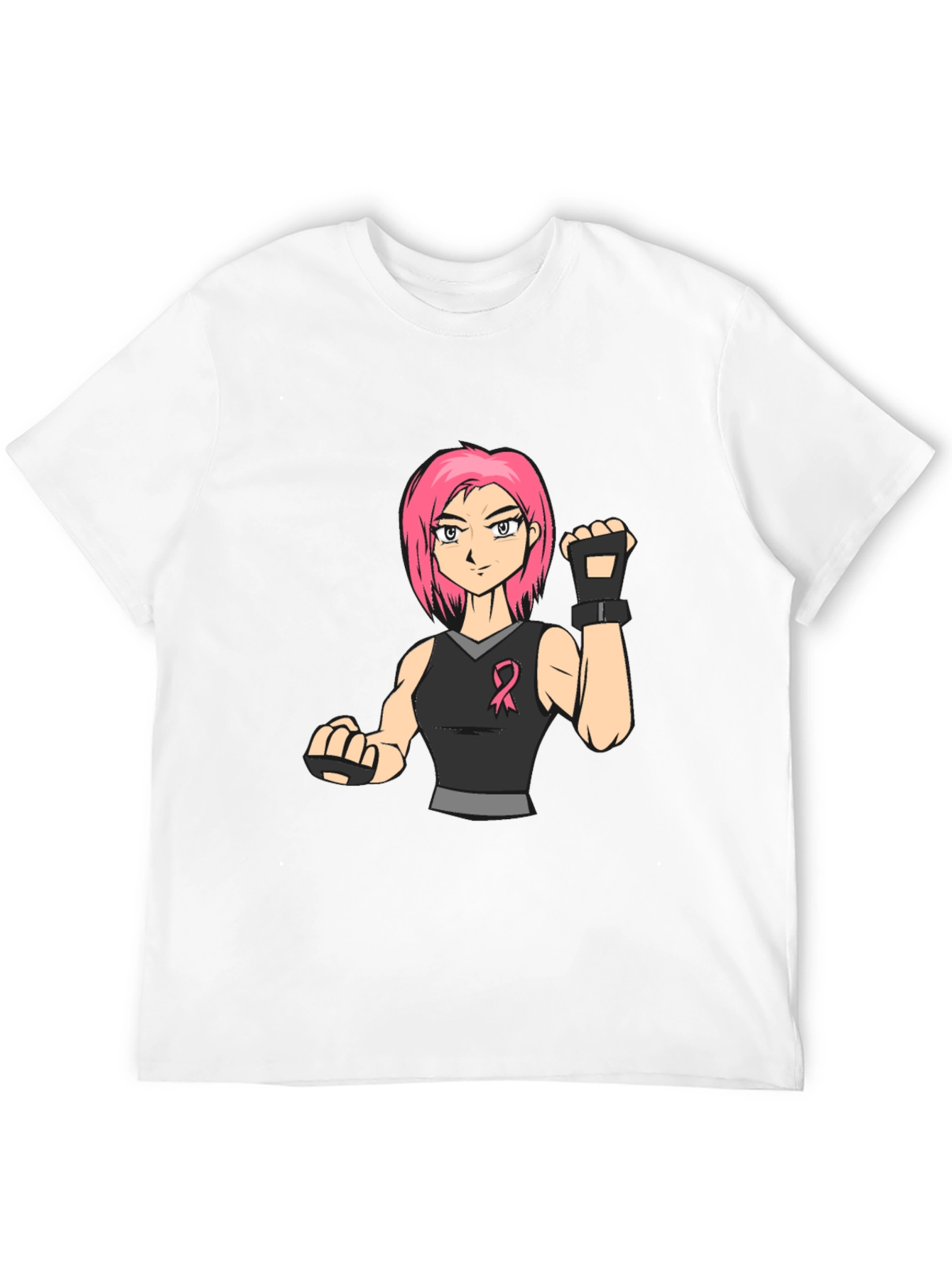Pink Hair Manga Fighter Black T-Shirt