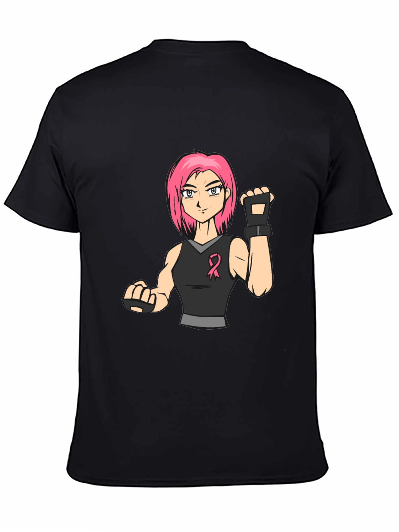 Pink Hair Manga Fighter Black T-Shirt
